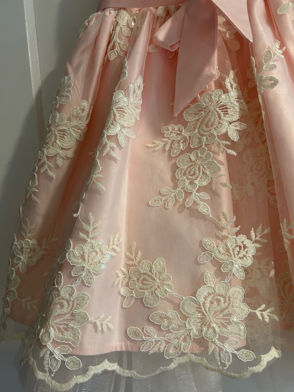 Blush Pink and Cream Lace Pearl-Trim Formal Flower Girl Party Dress - Picture 3 of 6